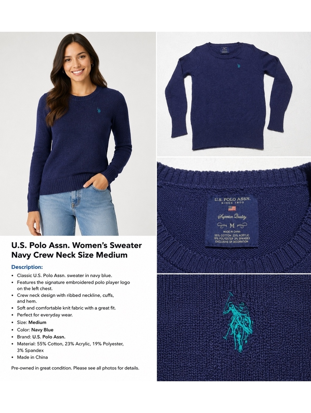 U.S. Polo Assn. Women’s Sweater Size M Navy Blue Crewneck Embroidered Logo